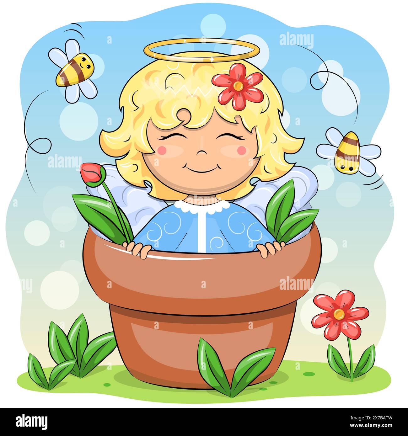 Ange de dessin animé mignon dans un pot de fleurs avec des abeilles et des fleurs. Illustration vectorielle de la nature. Illustration de Vecteur