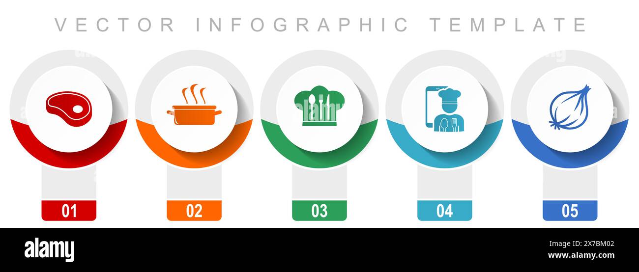 Ensemble d'icônes alimentaires, icônes vectorielles diverses telles que steak, pot, chapeau de chef et oignon, modèle infographique de conception moderne, boutons Web en 5 options de couleur Illustration de Vecteur