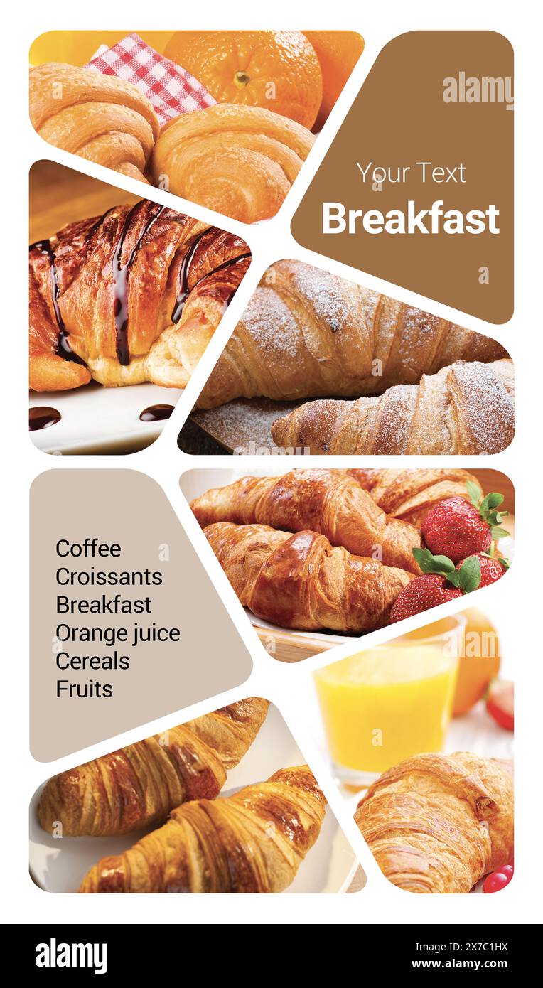 Concept de petit déjeuner collage photo. Peut être utilisé pour le stand visuel, l'affichage, les brochures, le flyer Banque D'Images