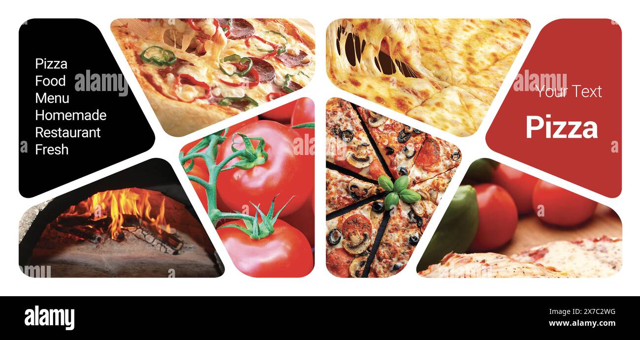 Collage photo concept pizza. Peut être utilisé pour le stand visuel, l'affichage, les brochures, le flyer Banque D'Images Collage photo concept pizza. Peut être utilisé pour le stand visuel, l'affichage, les brochures, le flyer Banque D'Images
