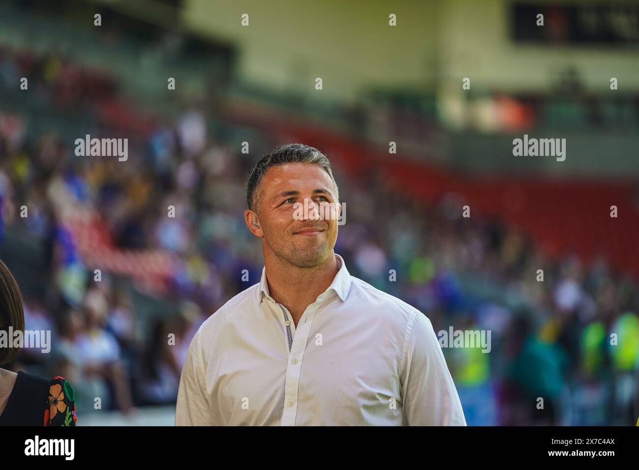 St Helens, Merseyside, Royaume-Uni. 19 mai 2024. Betfred Challenge Cup Rugby : Huddersfield Giants vs Warrington Wolves au Totally Wicked Stadium. Sam Burgess s'empare de la BBC avant leur affrontement en demi-finale avec Huddersfield. Crédit James Giblin Photography/Alamy Live News. Banque D'Images