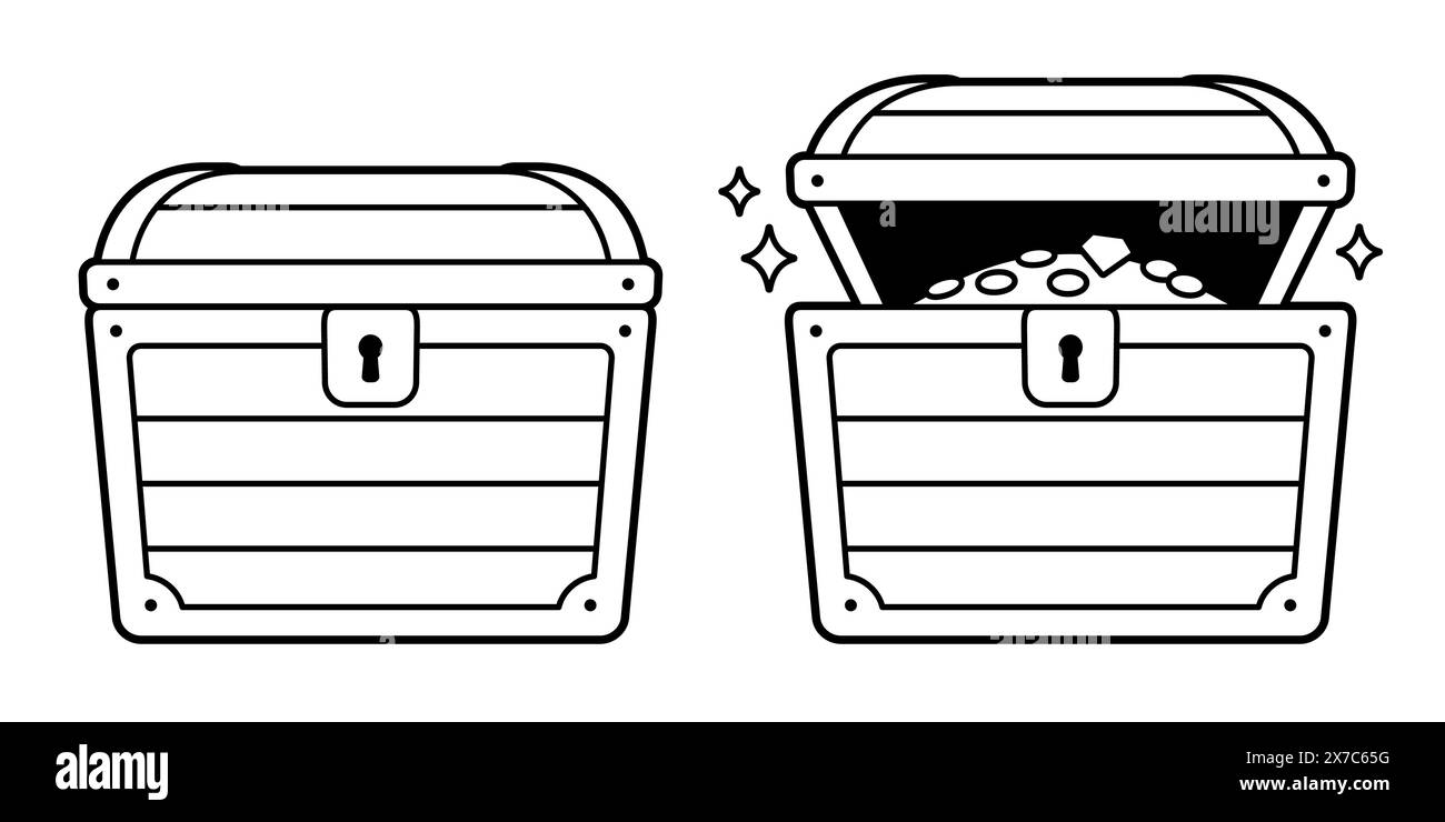 Coffret au trésor de dessin animé, ouvert et fermé. Dessin au trait noir et blanc. Illustration vectorielle isolée d'or pirate. Illustration de Vecteur