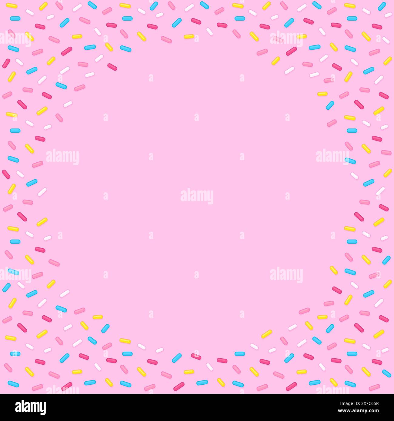 Le sucre saupoudre le cadre circulaire sur fond rose. Glaçage beignet ou décoration de gâteau d'anniversaire. Conception vectorielle amusante de dessin animé pour bannière web ou affiche. Illustration de Vecteur