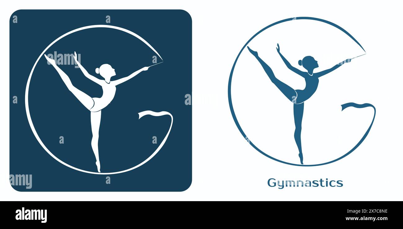 Emblème de la gymnastique rythmique féminine. Fille gymnaste avec ruban dans les couleurs arc-en-ciel en forme de la lettre G. Illustration de Vecteur