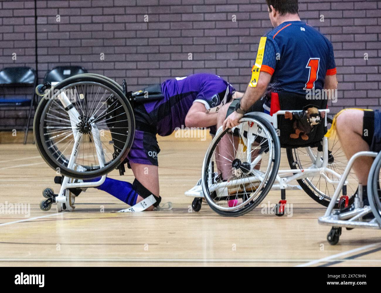 Brentwood Essex 19 mai 2024 Wheelchair Rugby League : Brentwood Eels (chemise dépouillée, étiquettes jaunes) vs Team colostomy UK (chemises violettes, étiquettes blanches) au Brentwood Centre, Brentwood Essex UK crédit : Ian Davidson/Alamy Live News Banque D'Images