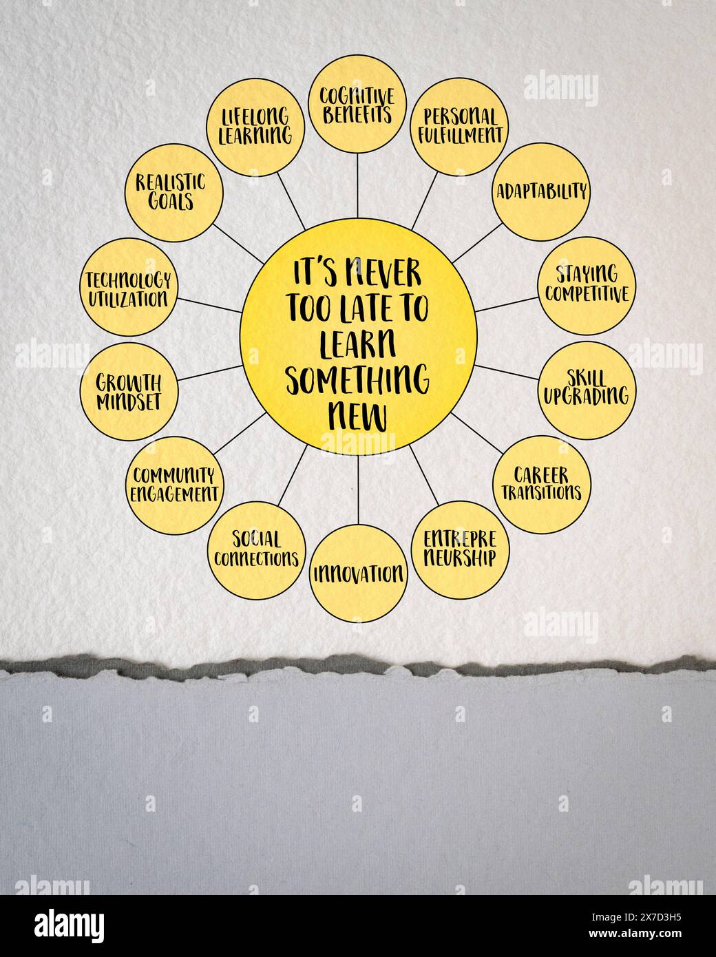 il n'est jamais trop tard pour apprendre quelque chose de nouveau, la poursuite du développement des connaissances et des compétences peut se produire à n'importe quel stade de la vie, infographies iagram Banque D'Images