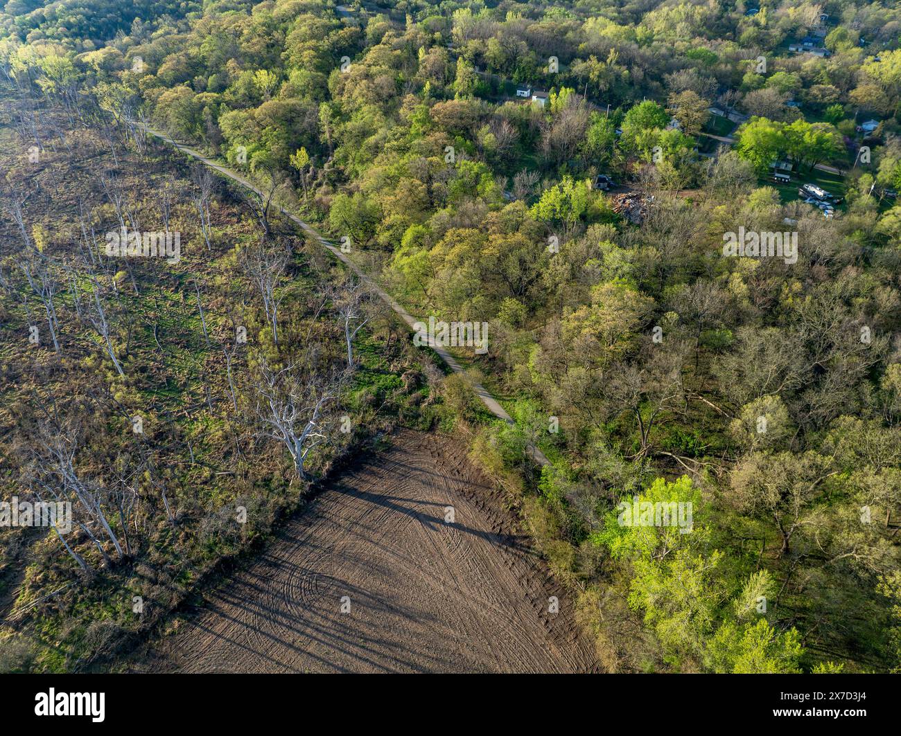 Steamboat trace, piste cyclable convertie d'un chemin de fer abandonné au Pérou, Nebraska, vue aérienne printanière Banque D'Images