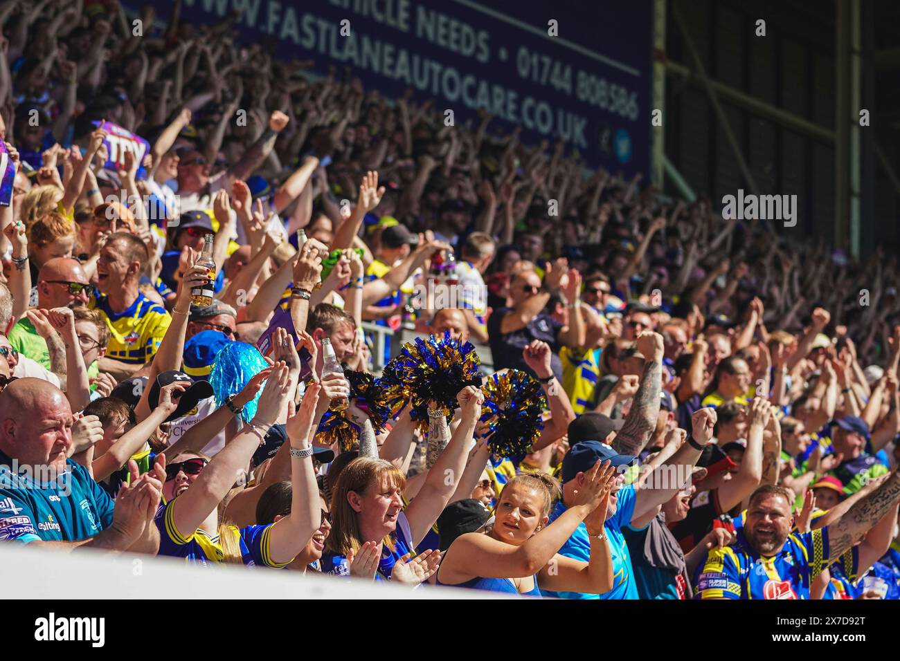 St Helens, Merseyside, Royaume-Uni. 19 mai 2024. Betfred Challenge Cup Rugby : Huddersfield Giants vs Warrington Wolves au Totally Wicked Stadium. Les fans de Warrington acclament pendant leur demi-finale. Crédit James Giblin Photography/Alamy Live News. Banque D'Images
