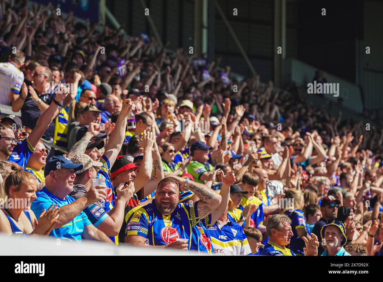 St Helens, Merseyside, Royaume-Uni. 19 mai 2024. Betfred Challenge Cup Rugby : Huddersfield Giants vs Warrington Wolves au Totally Wicked Stadium. Les fans de Warrington acclament pendant leur demi-finale. Crédit James Giblin Photography/Alamy Live News. Banque D'Images
