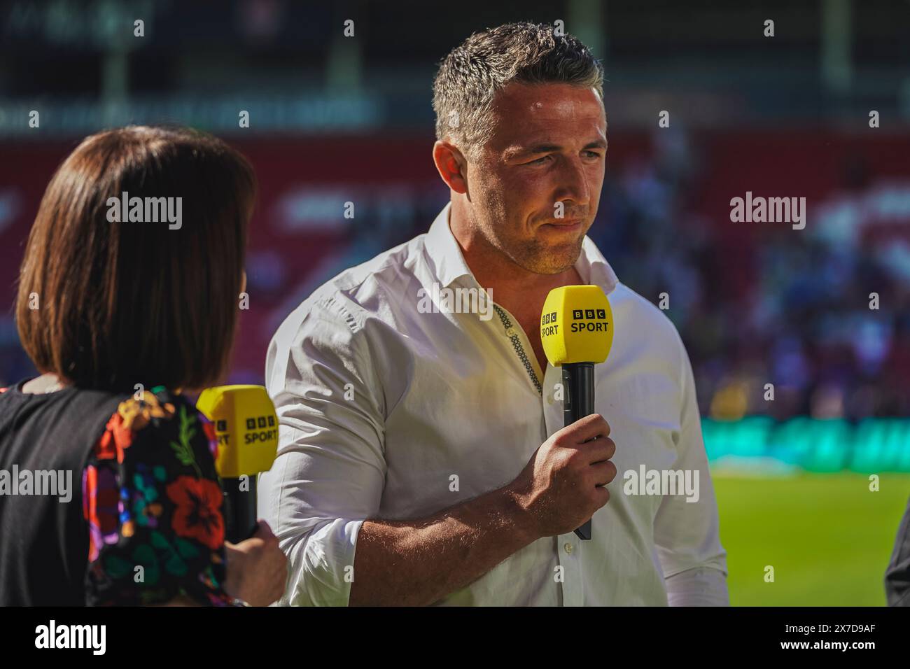 St Helens, Merseyside, Royaume-Uni. 19 mai 2024. Betfred Challenge Cup Rugby : Huddersfield Giants vs Warrington Wolves au Totally Wicked Stadium. Sam Burgess et Tanya Arnold de la BBC discutent de la victoire de Warrington en direct à temps plein sur BBC. Crédit James Giblin Photography/Alamy Live News. Banque D'Images
