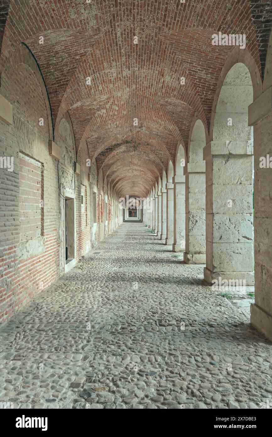 Un cloître est un type de patio qui sur ses quatre côtés a une galerie à portiques avec des arches qui reposent sur des colonnes Banque D'Images
