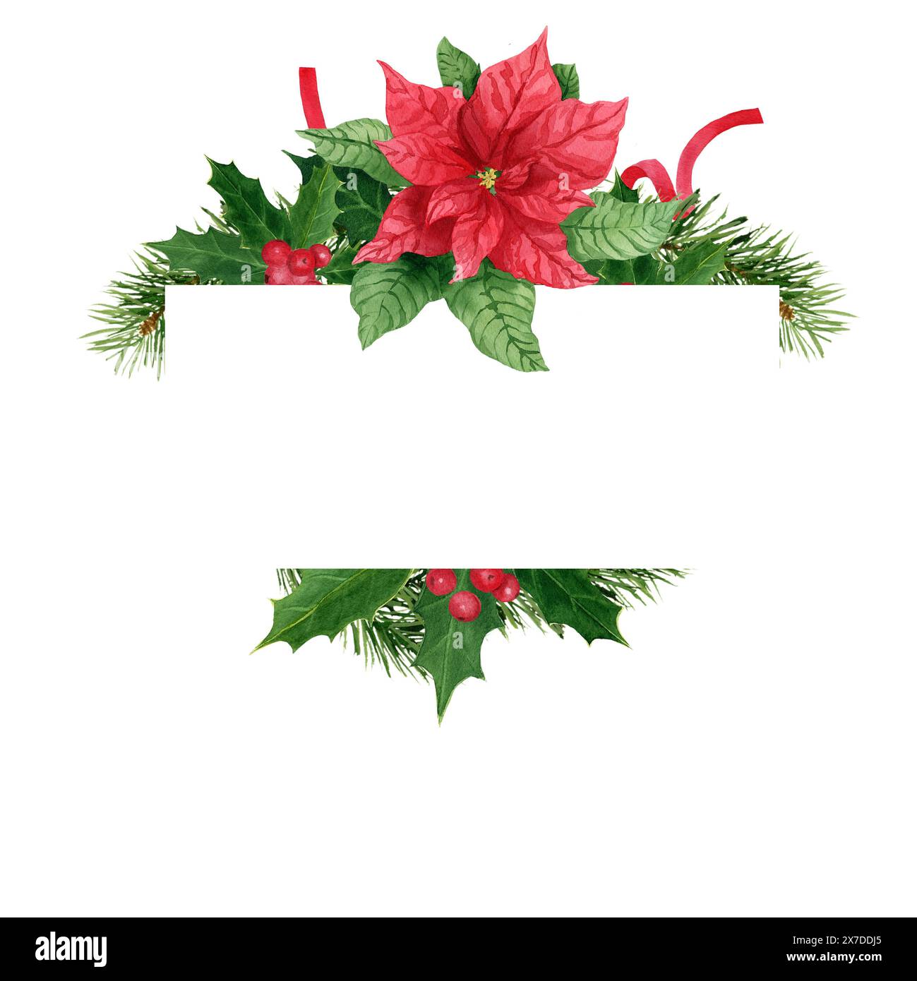 Carte de voeux aquarelle avec houx, pin, ruban rouge et poinsettia, avec espace de copie carré, sur fond blanc. Composition d'aquarelle peinte à la main Banque D'Images Carte de voeux aquarelle avec houx, pin, ruban rouge et poinsettia, avec espace de copie carré, sur fond blanc. Composition d'aquarelle peinte à la main Banque D'Images