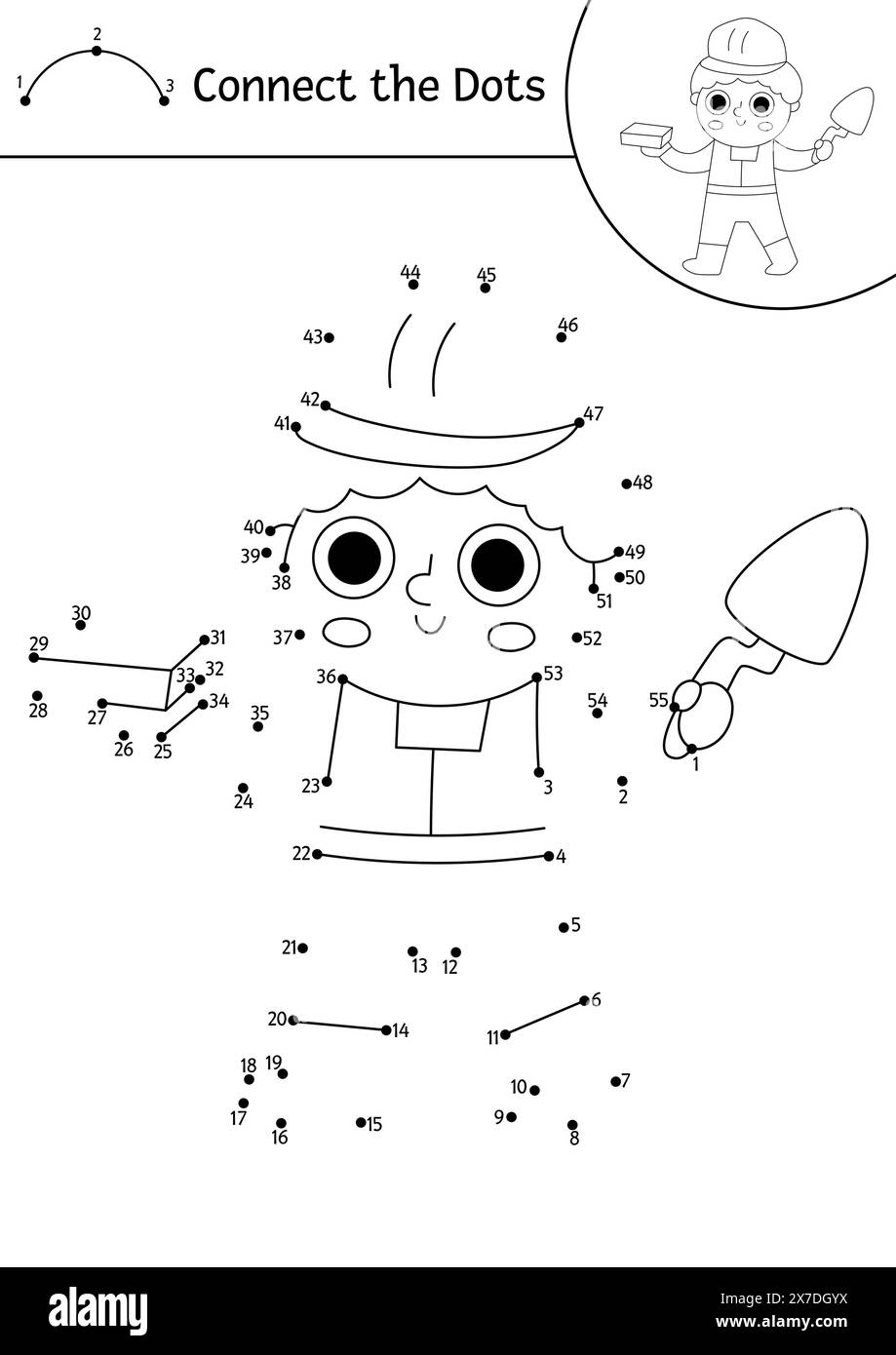 Site de construction vectoriel point à point et activité de couleur avec travailleur dans le casque de sécurité tenant la brique et la spatule. Ligne de travaux de construction connecter le jeu de points fo Illustration de Vecteur