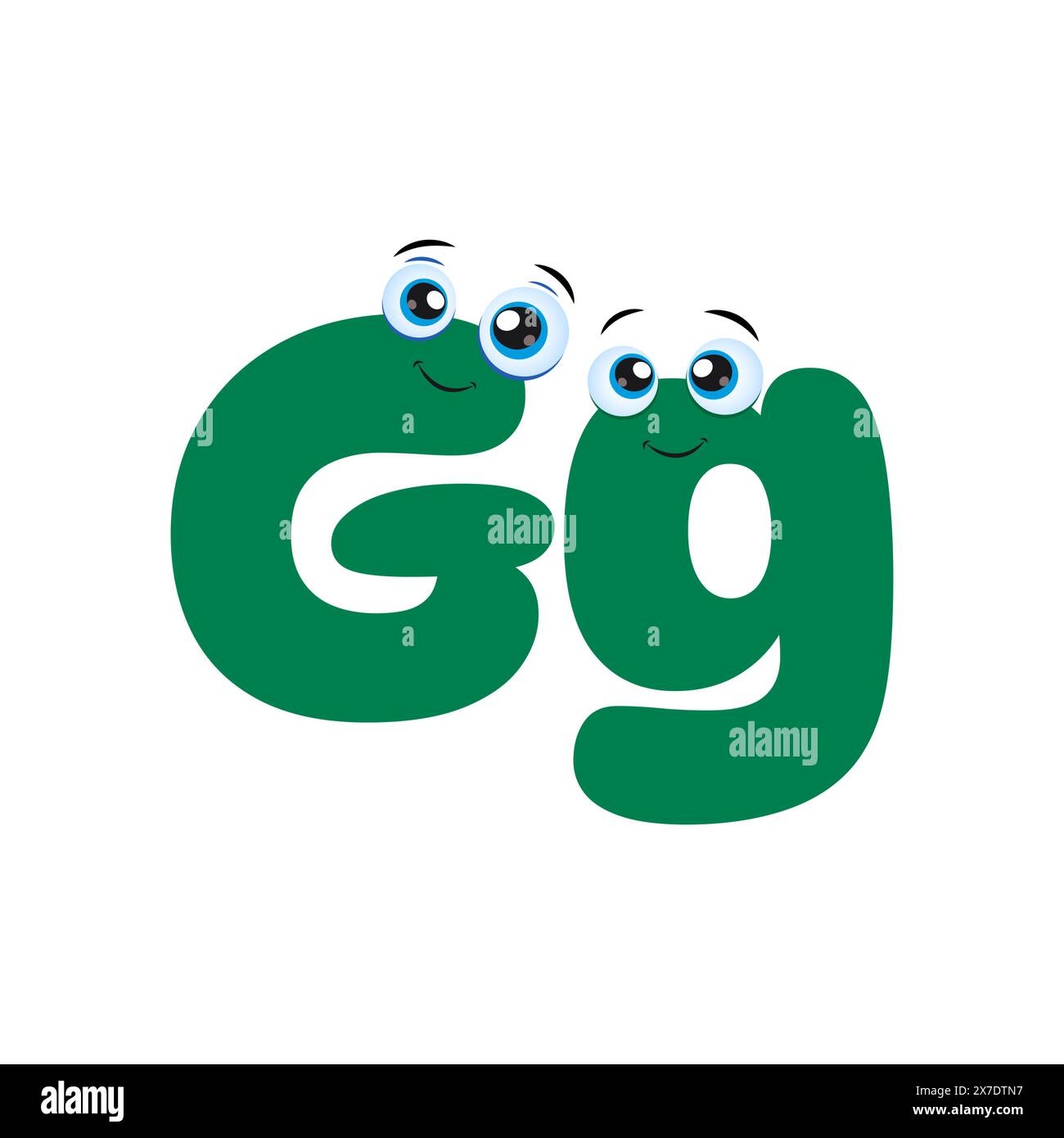 Mignon vert majuscule et minuscule lettre G dessin animé. Lettre G souriante de l'alphabet pour les enfants à apprendre. Illustration de Vecteur