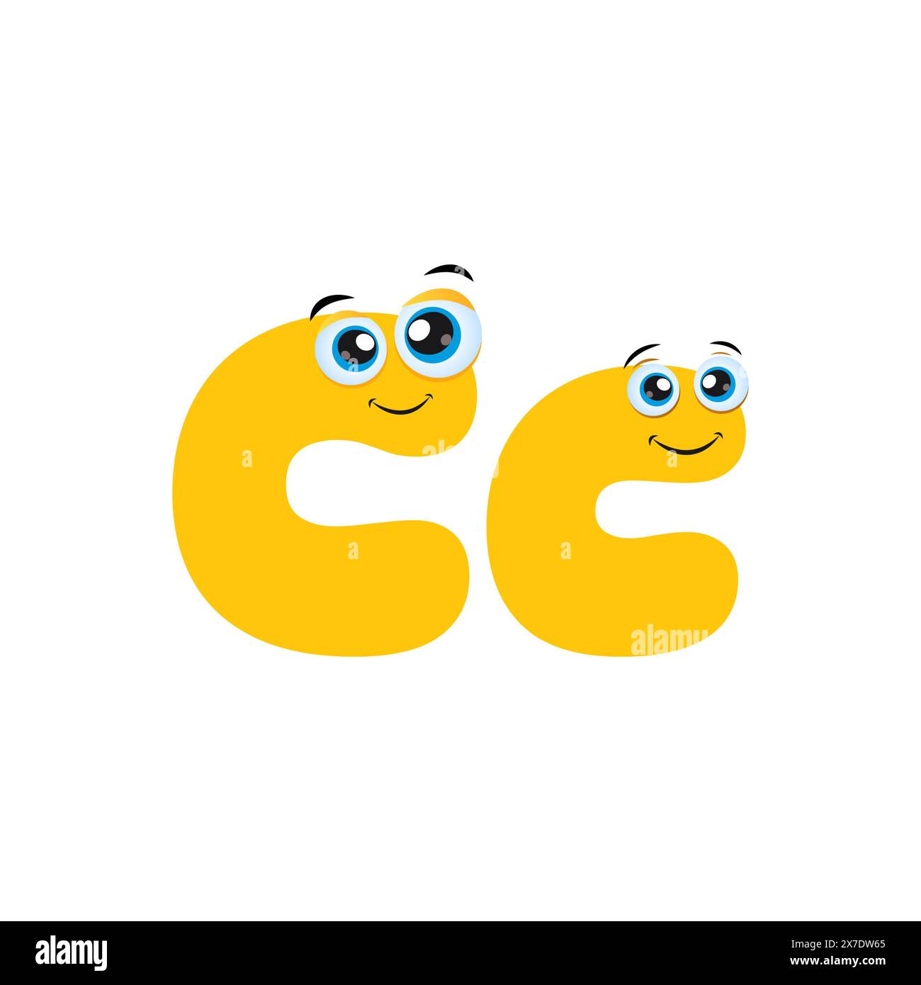 Mignon jaune drôle caractère alphabet lettre C isolé sur fond blanc. Illustration de dessin animé de la lettre majuscule et minuscule C. Illustrated Alph Illustration de Vecteur