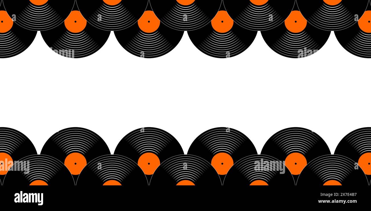 Motifs sans couture des disques vinyles répétés. Gramophone LP ou bannière de plaques de musique longue lecture avec espace vide. années 70 années 80 années 90 discothèque nostalgie fond. Concept de fête techno. Illustration vectorielle plate. Illustration de Vecteur