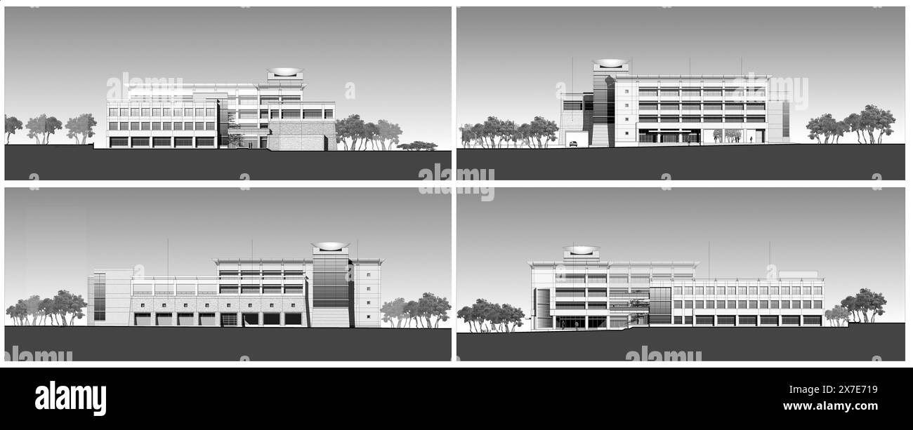 Arcitectural noir et blanc un bâtiment moderne élévation iluustration d'un centre de bureau de bien-être dans la ville Banque D'Images