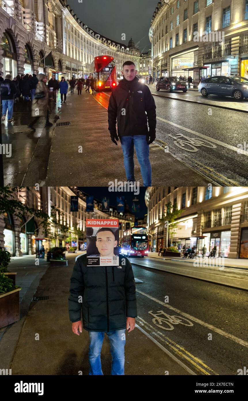 Londres, 19 mai 2024. Au début de janvier 2023, Matan Angrest, 21 ans, et son père sont arrivés à Londres de Kiryat Bialik, Haïfa en Israël pour une semaine de vacances au Royaume-Uni. Seulement 10 mois plus tard, le 7 octobre, Matan faisait partie des 240 personnes enlevées par les terroristes du Hamas. Il a été enlevé de la région de Nahal Oz et est retenu en otage depuis. Pendant leur séjour à Londres, Matan et son père ont visité de nombreux sites emblématiques de Londres. Ces photos recréent des souvenirs de vacances de Matans, avec un volontaire portant son affiche kidnappée pour sensibiliser le public au fait qu’il est toujours captif à Gaza. Crédit photo de loisirs : Amanda Rose/Al Banque D'Images Londres, 19 mai 2024. Au début de janvier 2023, Matan Angrest, 21 ans, et son père sont arrivés à Londres de Kiryat Bialik, Haïfa en Israël pour une semaine de vacances au Royaume-Uni. Seulement 10 mois plus tard, le 7 octobre, Matan faisait partie des 240 personnes enlevées par les terroristes du Hamas. Il a été enlevé de la région de Nahal Oz et est retenu en otage depuis. Pendant leur séjour à Londres, Matan et son père ont visité de nombreux sites emblématiques de Londres. Ces photos recréent des souvenirs de vacances de Matans, avec un volontaire portant son affiche kidnappée pour sensibiliser le public au fait qu’il est toujours captif à Gaza. Crédit photo de loisirs : Amanda Rose/Al Banque D'Images
