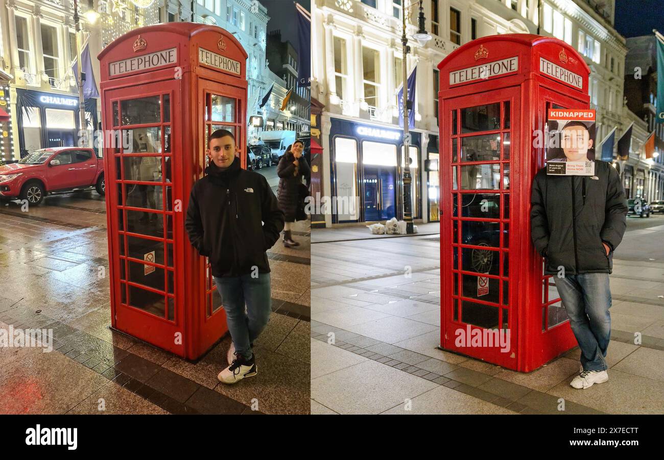 Londres, 19 mai 2024. Au début de janvier 2023, Matan Angrest, 21 ans, et son père sont arrivés à Londres de Kiryat Bialik, Haïfa en Israël pour une semaine de vacances au Royaume-Uni. Seulement 10 mois plus tard, le 7 octobre, Matan faisait partie des 240 personnes enlevées par les terroristes du Hamas. Il a été enlevé de la région de Nahal Oz et est retenu en otage depuis. Pendant leur séjour à Londres, Matan et son père ont visité de nombreux sites emblématiques de Londres. Ces photos recréent des souvenirs de vacances de Matans, avec un volontaire portant son affiche kidnappée pour sensibiliser le public au fait qu’il est toujours captif à Gaza. Crédit photo de loisirs : Amanda Rose/Al Banque D'Images Londres, 19 mai 2024. Au début de janvier 2023, Matan Angrest, 21 ans, et son père sont arrivés à Londres de Kiryat Bialik, Haïfa en Israël pour une semaine de vacances au Royaume-Uni. Seulement 10 mois plus tard, le 7 octobre, Matan faisait partie des 240 personnes enlevées par les terroristes du Hamas. Il a été enlevé de la région de Nahal Oz et est retenu en otage depuis. Pendant leur séjour à Londres, Matan et son père ont visité de nombreux sites emblématiques de Londres. Ces photos recréent des souvenirs de vacances de Matans, avec un volontaire portant son affiche kidnappée pour sensibiliser le public au fait qu’il est toujours captif à Gaza. Crédit photo de loisirs : Amanda Rose/Al Banque D'Images