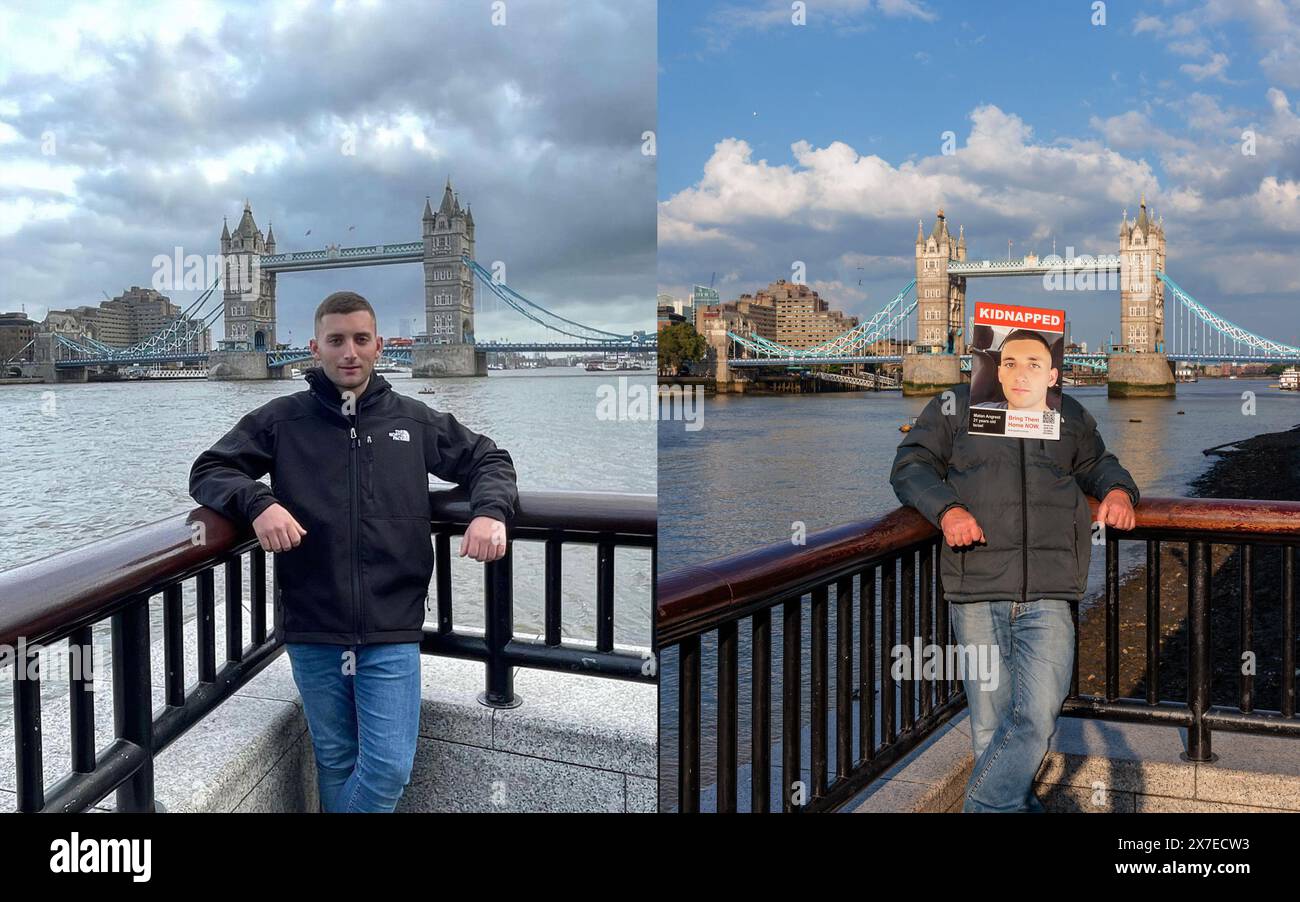 Londres, 19 mai 2024. Au début de janvier 2023, Matan Angrest, 21 ans, et son père sont arrivés à Londres de Kiryat Bialik, Haïfa en Israël pour une semaine de vacances au Royaume-Uni. Seulement 10 mois plus tard, le 7 octobre, Matan faisait partie des 240 personnes enlevées par les terroristes du Hamas. Il a été enlevé de la région de Nahal Oz et est retenu en otage depuis. Pendant leur séjour à Londres, Matan et son père ont visité de nombreux sites emblématiques de Londres. Ces photos recréent des souvenirs de vacances de Matans, avec un volontaire portant son affiche kidnappée pour sensibiliser le public au fait qu’il est toujours captif à Gaza. Crédit photo de loisirs : Amanda Rose/Al Banque D'Images Londres, 19 mai 2024. Au début de janvier 2023, Matan Angrest, 21 ans, et son père sont arrivés à Londres de Kiryat Bialik, Haïfa en Israël pour une semaine de vacances au Royaume-Uni. Seulement 10 mois plus tard, le 7 octobre, Matan faisait partie des 240 personnes enlevées par les terroristes du Hamas. Il a été enlevé de la région de Nahal Oz et est retenu en otage depuis. Pendant leur séjour à Londres, Matan et son père ont visité de nombreux sites emblématiques de Londres. Ces photos recréent des souvenirs de vacances de Matans, avec un volontaire portant son affiche kidnappée pour sensibiliser le public au fait qu’il est toujours captif à Gaza. Crédit photo de loisirs : Amanda Rose/Al Banque D'Images