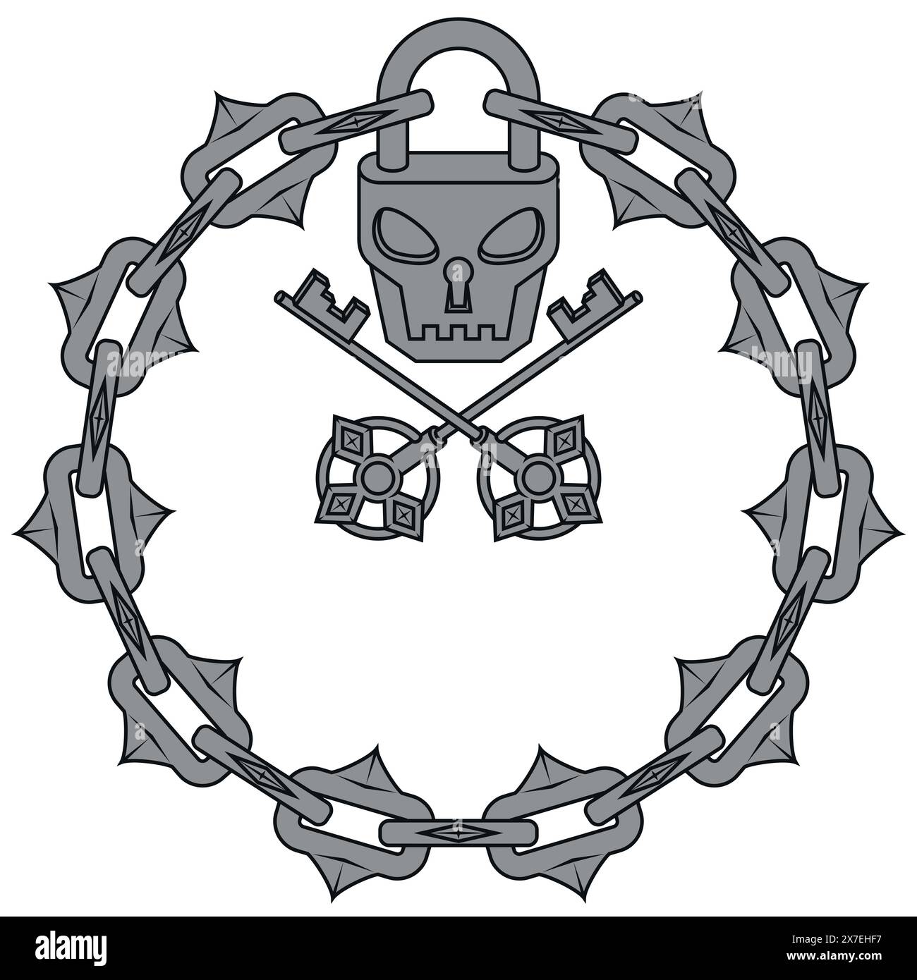 Cadenas en forme de crâne de conception vectorielle avec clés et chaînes de coupe, cercle avec chaîne et cadenas en forme de crâne pour donjons Illustration de Vecteur