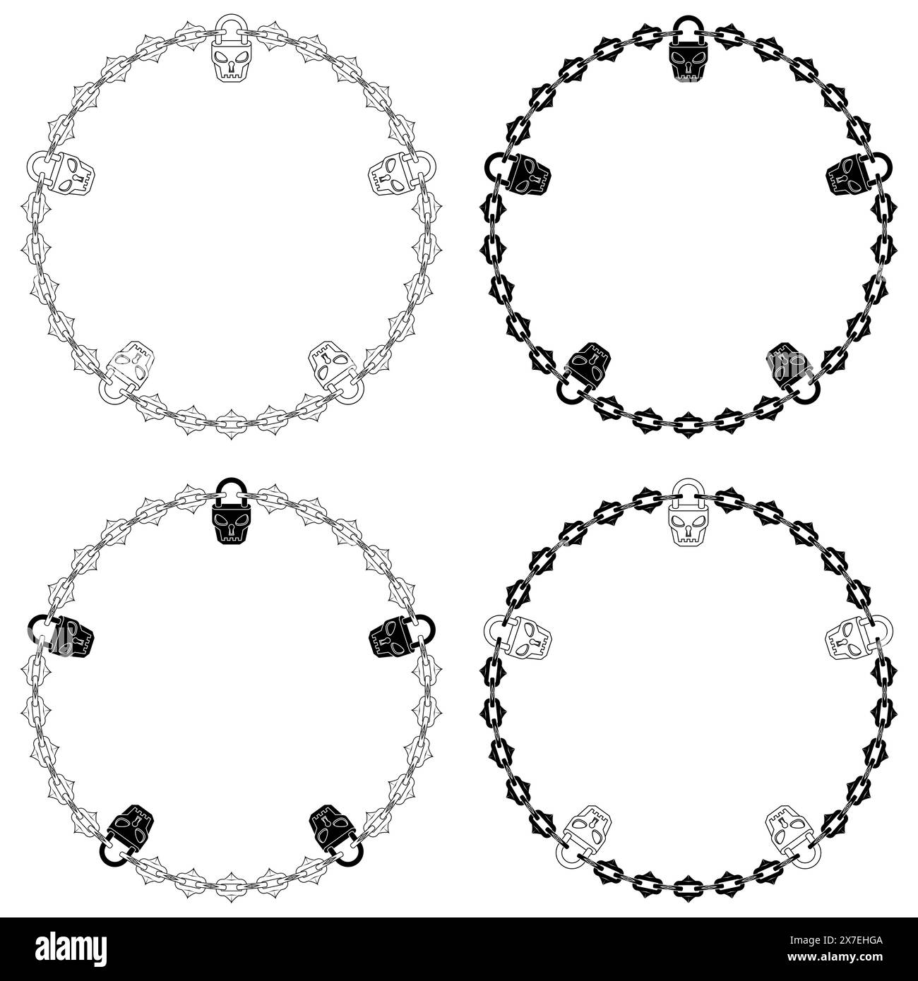 Cercle de conception vectorielle avec chaînes et cadenas pour donjon et donjons, cadenas en forme de crâne avec chaînes de coupe Illustration de Vecteur