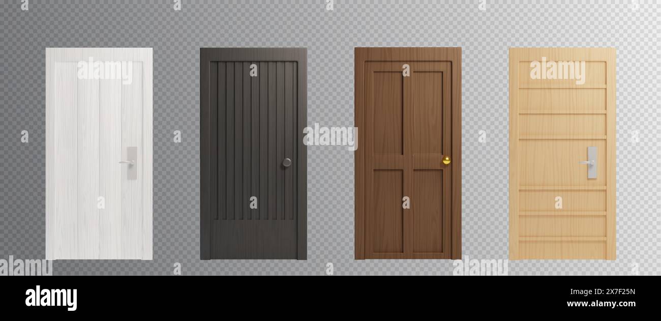 Portes d'entrée en bois fermées de différentes couleurs - blanc et noir, brun clair et foncé. Ensemble réaliste d'illustration vectorielle 3d de cadre d'entrée avec texture en bois. Elément d'intérieur de maison ou de bureau. Illustration de Vecteur