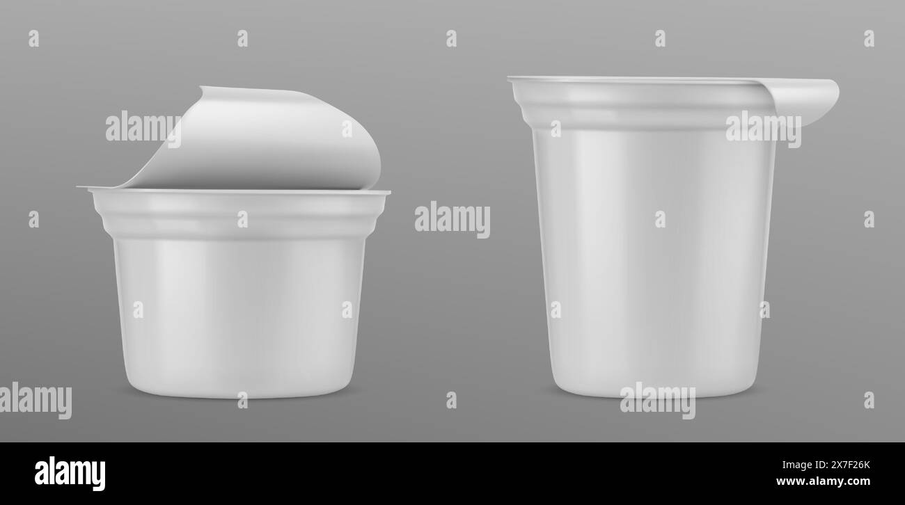 Ensemble 3D de tasses de yogourt isolé sur fond gris. Illustration réaliste vectorielle de la maquette d'emballage laitier en plastique avec couvercle en aluminium ouvert et fermé, bocaux ronds avec espace vide pour la marque du produit Illustration de Vecteur