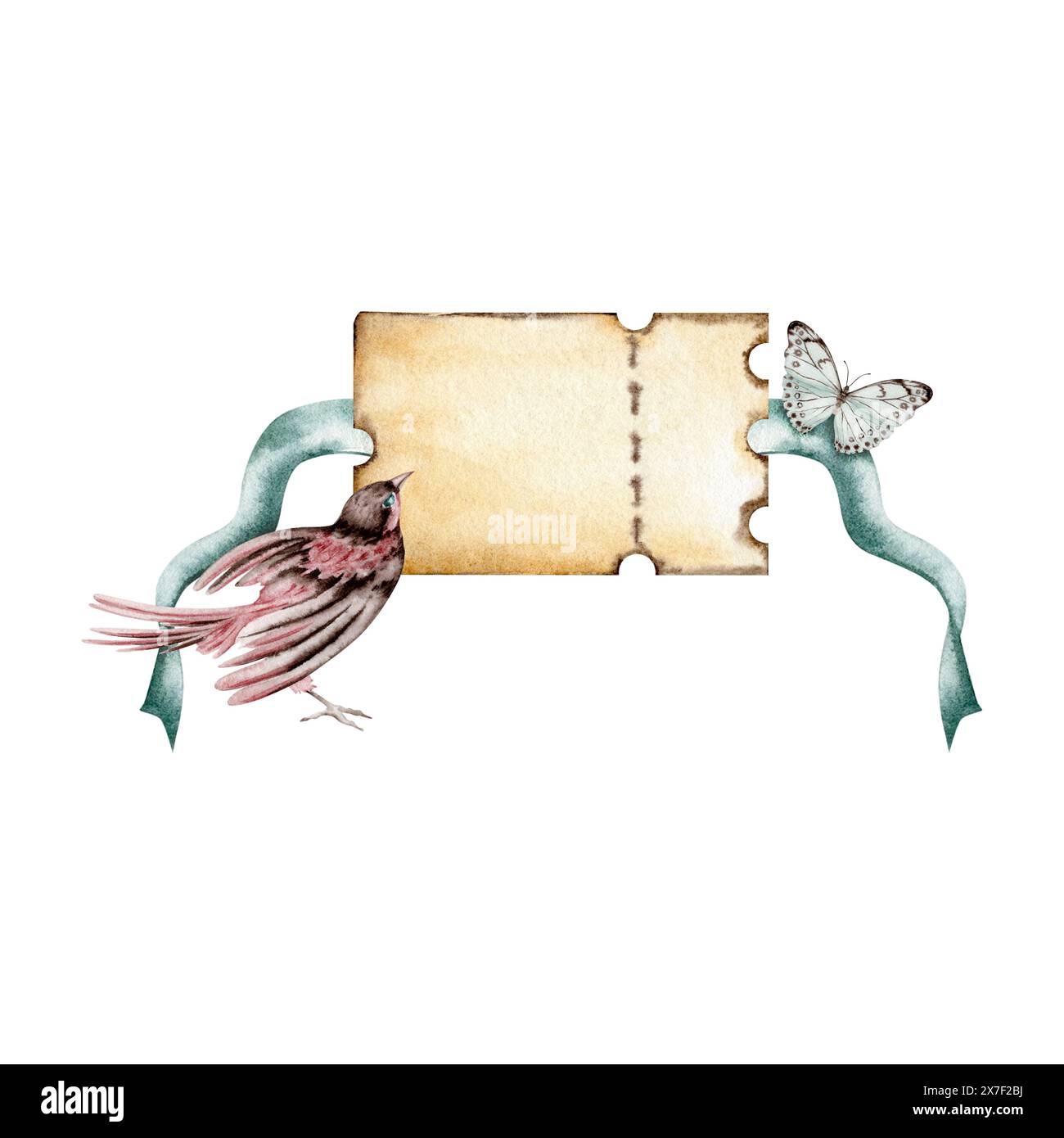 Copiez le billet vintage de l'espace avec un oiseau, un ruban et un papillon. Vide conception vide pour votre texte. Illustration d'aquarelle dessinée à la main isolée Banque D'Images