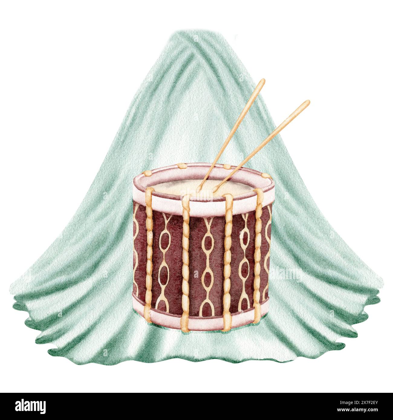 Instrument de musique Vintage Drum avec baguettes de batterie avec rideaux de scène en toile de fond. Illustration d'aquarelle dessinée à la main isolée sur fond blanc Banque D'Images