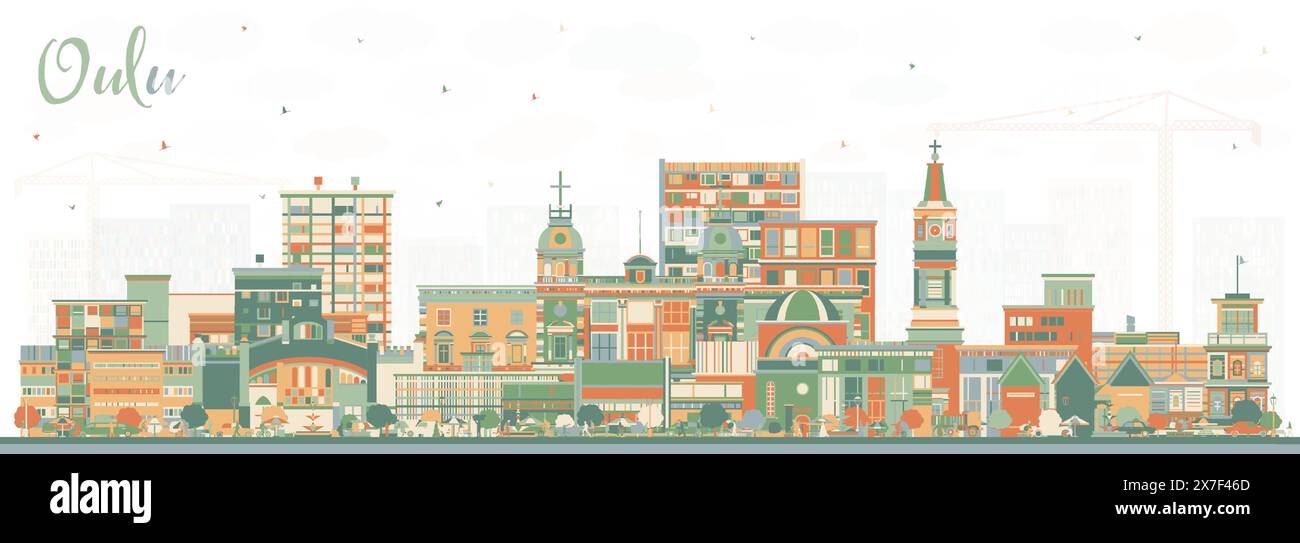 Horizon de la ville d'Oulu Finlande avec des bâtiments de couleur. Illustration vectorielle. Paysage urbain d'Oulu avec des monuments. Illustration de Vecteur