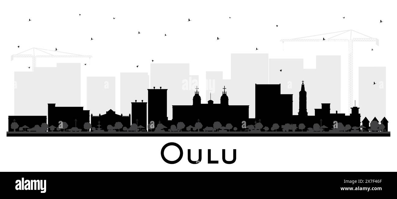 Silhouette d'horizon de la ville d'Oulu Finlande avec des bâtiments noirs isolés sur blanc. Illustration vectorielle. Paysage urbain d'Oulu avec des monuments. Illustration de Vecteur