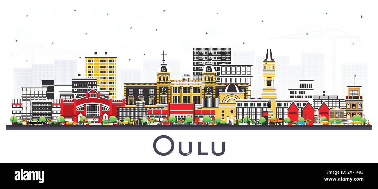 Horizon de la ville d'Oulu Finlande avec des bâtiments de couleur isolés sur blanc. Illustration vectorielle. Paysage urbain d'Oulu avec des monuments. Illustration de Vecteur