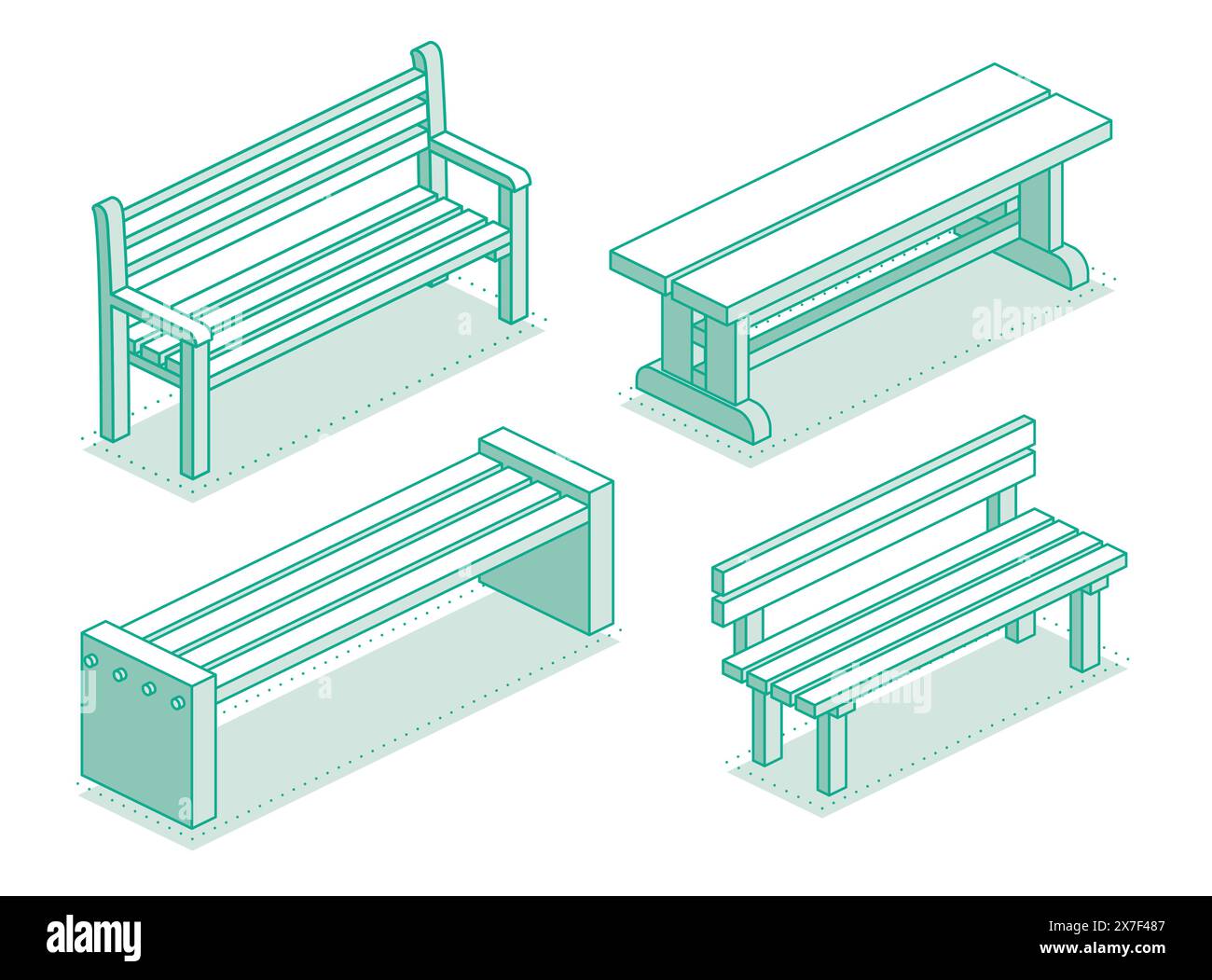 Collection de bancs de rue modernes. Illustration vectorielle. Objets à contour isométrique isolés sur fond blanc propre. Parfait pour représenter. Illustration de Vecteur