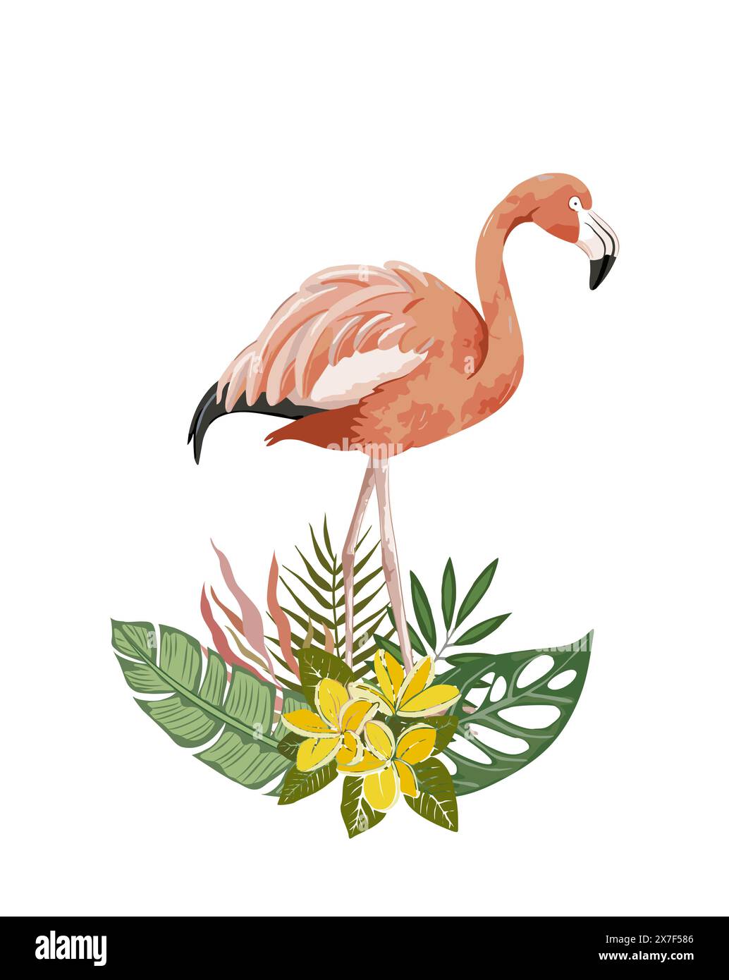 Oiseau rose flamant exotique avec des feuilles tropicales Illustration de Vecteur