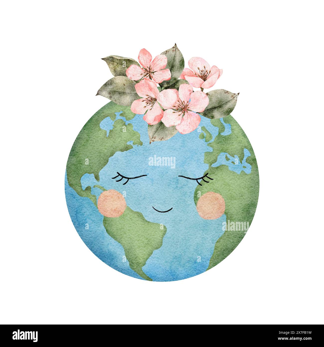 Joyeux jour de la Terre. Illustration de l'aquarelle de la Journée internationale de la Terre mère. Conception pour les cartes de voeux et les affiches planète Terre avec des fleurs et le visage mignon Banque D'Images