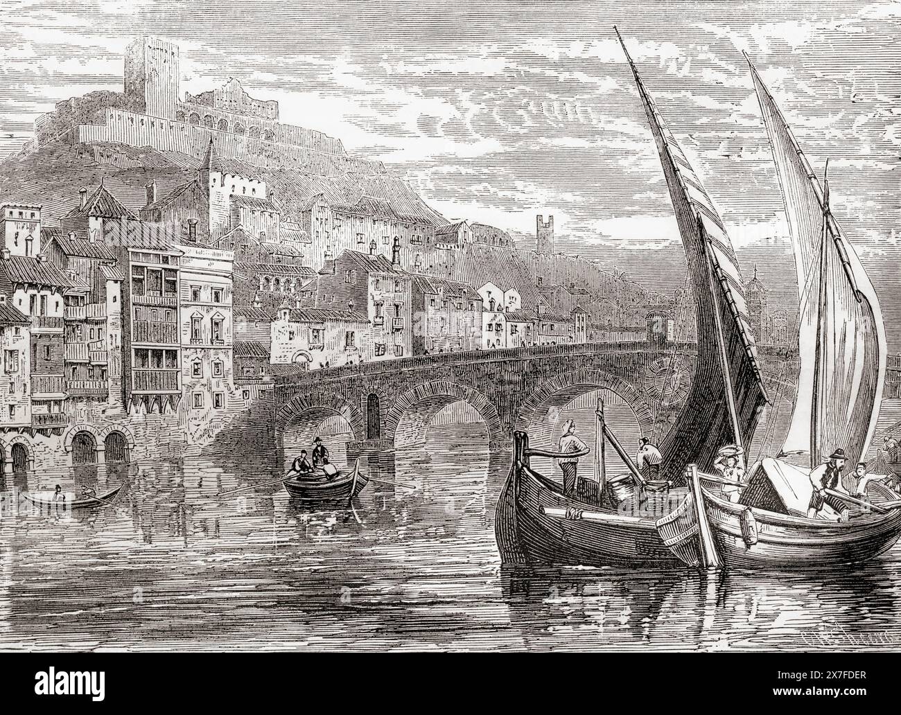 Vue de la rivière Adige, à Vérone, Italie, 19ème siècle. Extrait de Cassell's Illustrated History of England. Banque D'Images