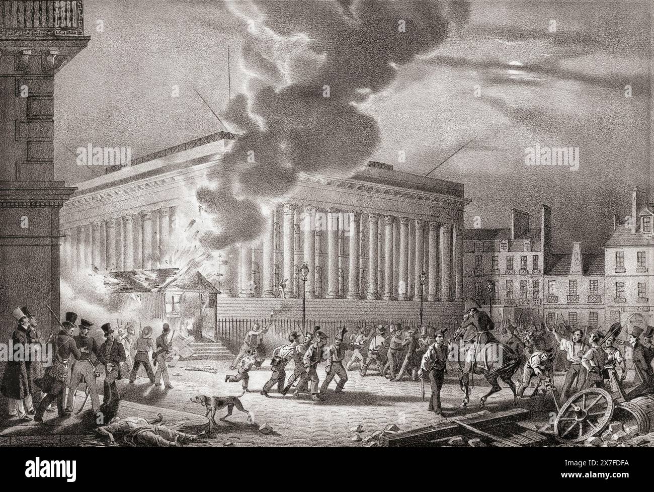 Incendie dans la garde de la police, place de la Bourse, Paris, 1830, pendant la Révolution française de 1830, alias la Révolution de juillet, deuxième Révolution française, ou trois Glorieuses, une deuxième Révolution française après la première en 1789. D'après une estampe du XIXe siècle. Banque D'Images