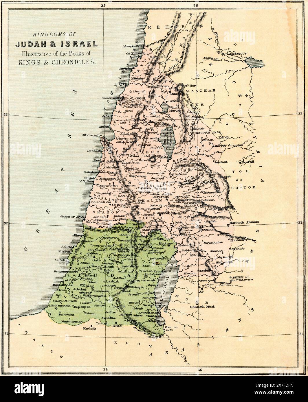 Carte du XIXe siècle montrant les Kngdoms de Juda et d'Israël, illustrant les livres des Rois et des chroniques. Banque D'Images