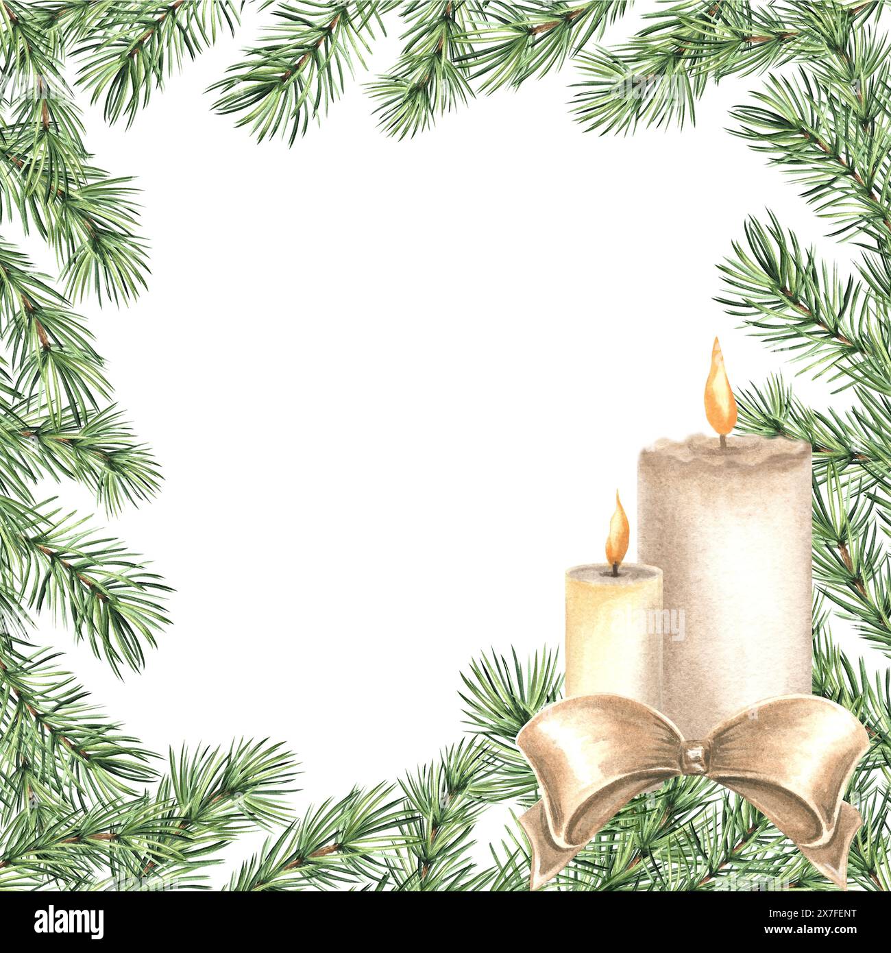 Branche de pin avec des bougies. Cadre de Noël vintage. Brindille de sapin avec des aiguilles vertes. Illustration d'aquarelle dessinée à la main fond d'hiver traditionnel. Banque D'Images