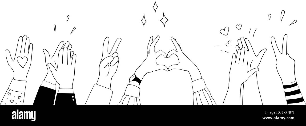 Doodle esquisse mains vers le haut gestes icônes comiques silhouettes ensemble de vecteur. Groupe de mains comiques amusantes d'art en ligne dans l'air. Vote ou joyeuse Félicitation audie Illustration de Vecteur