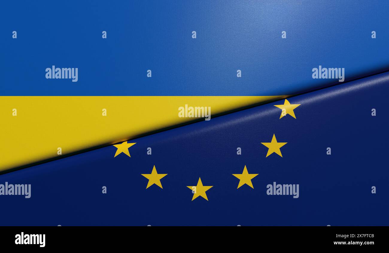 Drapeaux ukrainiens et européens pliés et collés ensemble avec texture de tissu - rendu 3D. Banque D'Images