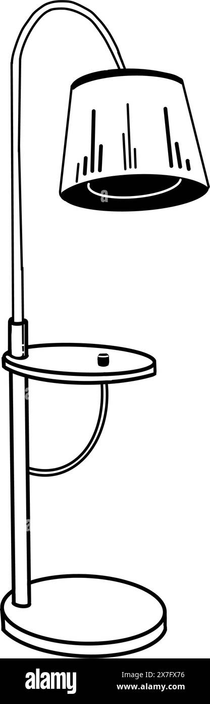 Lampadaire vintage. Un lampadaire avec un grand abat-jour et une jambe, dessiné en vecteur en noir sur fond blanc. Pour concevoir des esquisses intérieures Illustration de Vecteur