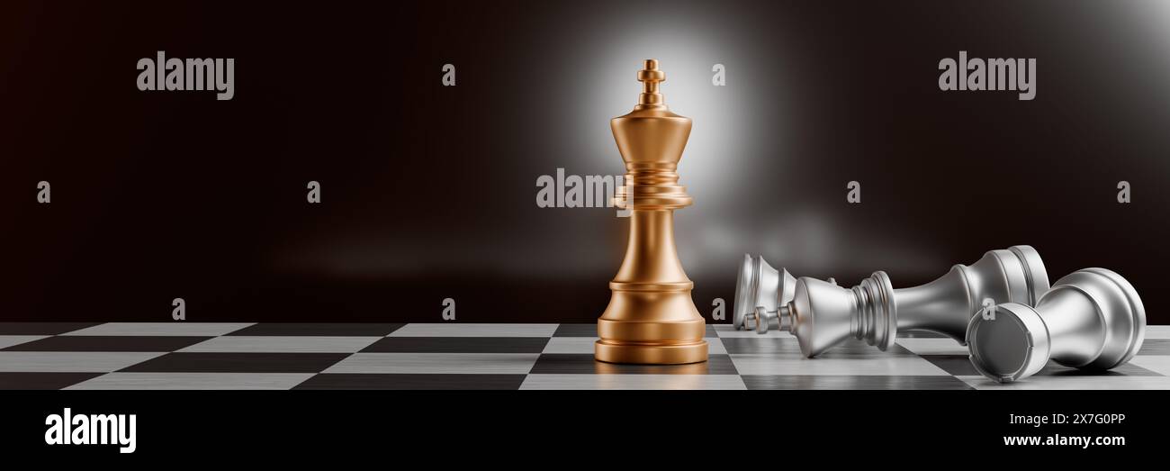 Une pièce d'échecs dorée est victorieuse parmi les pièces d'argent tombées sur un rendu Chessboard.3D. Banque D'Images