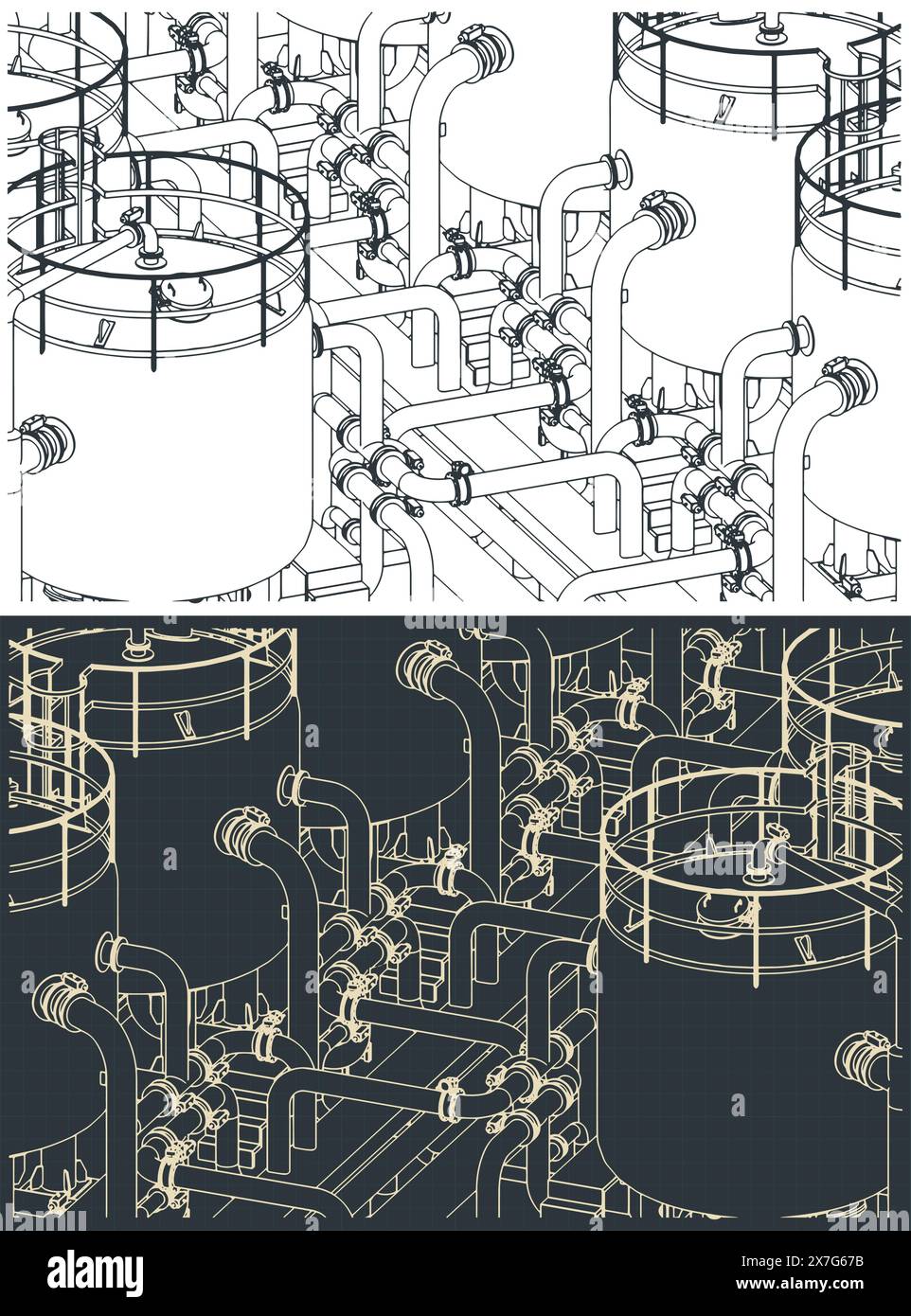 Illustration vectorielle stylisée des plans de production chimique. Les réservoirs se ferment Illustration de Vecteur