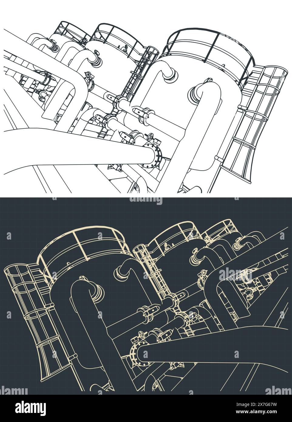 Illustration vectorielle stylisée des plans de production chimique. Les réservoirs se ferment Illustration de Vecteur