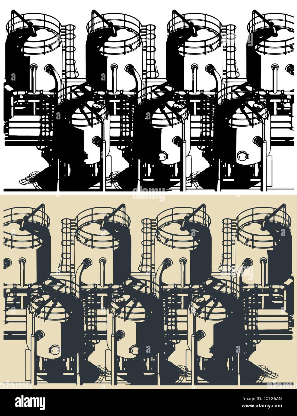Illustration vectorielle stylisée de la production chimique. Les réservoirs se ferment Illustration de Vecteur