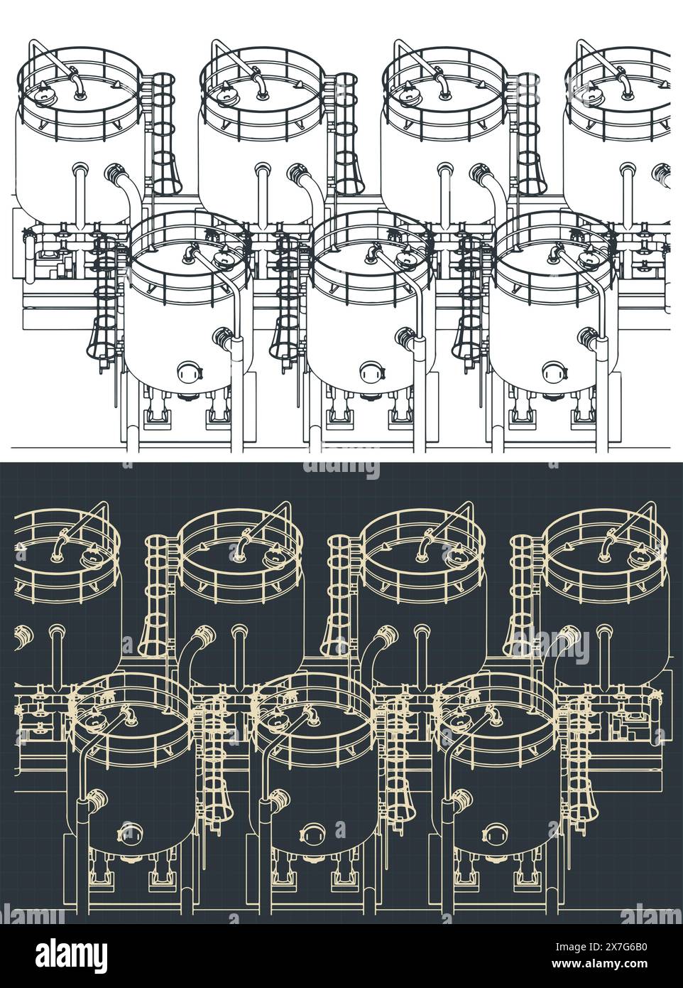 Illustration vectorielle stylisée des plans de production chimique. Les réservoirs se ferment Illustration de Vecteur