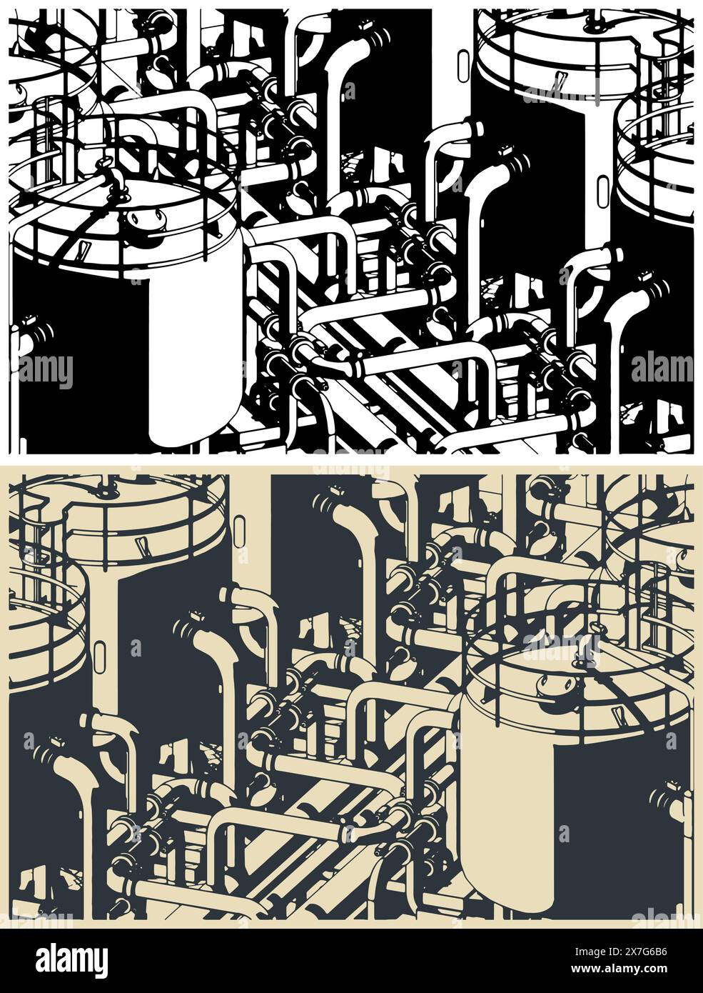 Illustration vectorielle stylisée de la production chimique. Les réservoirs se ferment Illustration de Vecteur