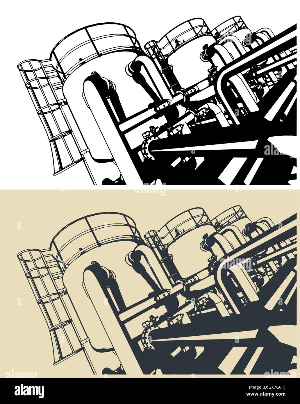 Illustration vectorielle stylisée de la production chimique. Les réservoirs se ferment Illustration de Vecteur